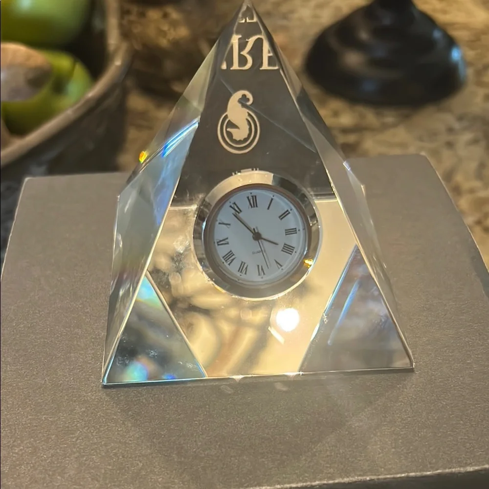 IOB Waterford Crystal Pyramid Clock with Silver Accents, battery operated.